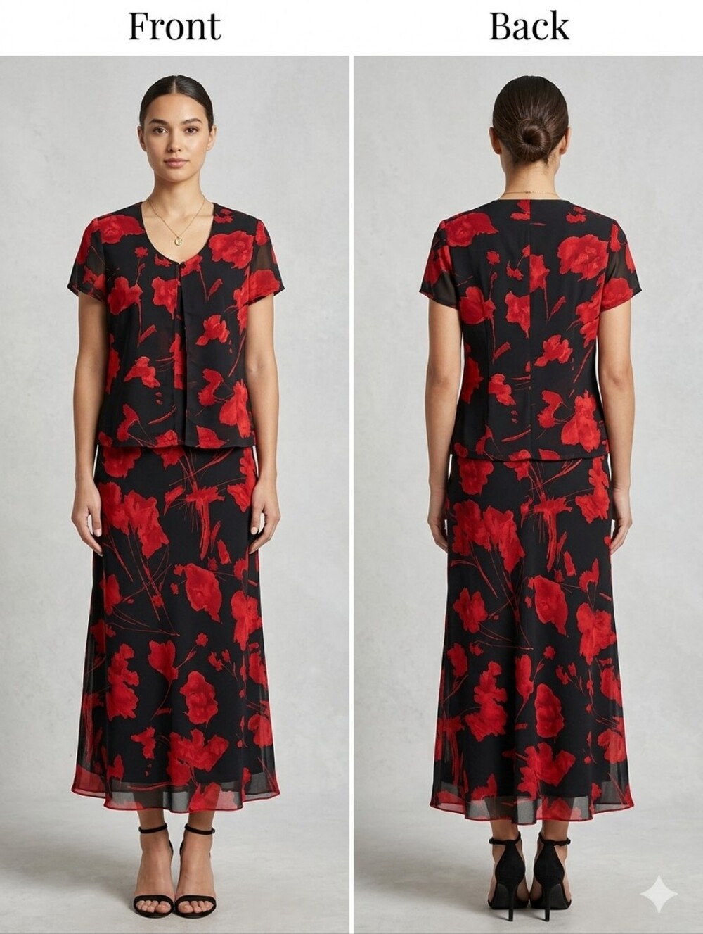 Premier Black Maxi Skirt And Jacket with Red Floral Print